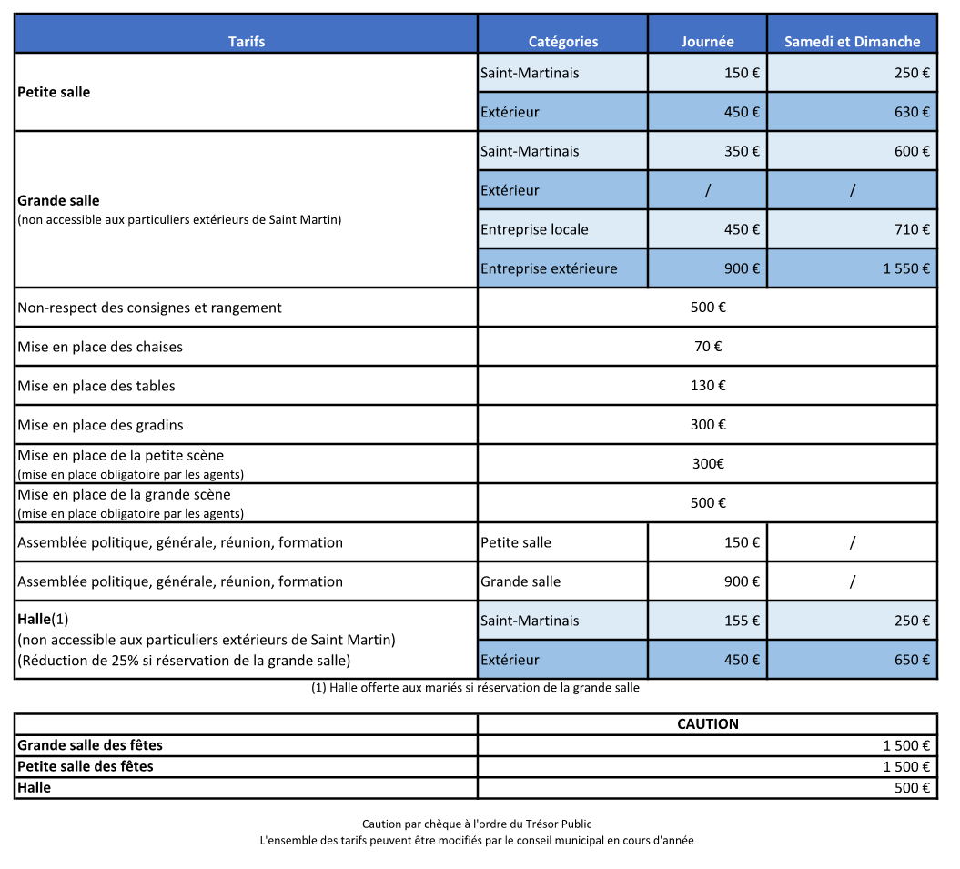tarifs salles 2026